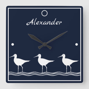 Horloge Carrée soft navy sand Pipers on white PILLOW
