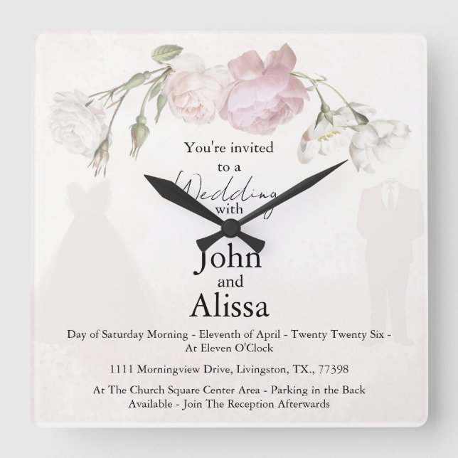Horloge Carrée Soft Pink Roses & Bride and Groom Collection (Recto)