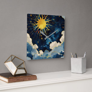 Horloge Carrée Soleil céleste moderne, étoiles et nuages bleus