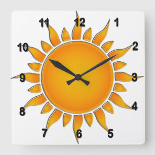 Horloge Carrée Soleil d'été jaune et orange radieux