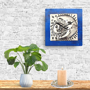 Horloge Carrée Soleil et lune en argent mexicain vintage sur bleu