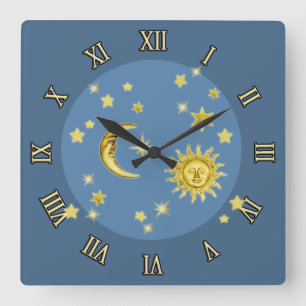 Horloge Carrée Soleil, Lune et Étoiles