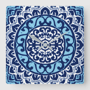 Horloge Carrée Soleil Sud-Ouest Mandala Batik, bleu marine et bla
