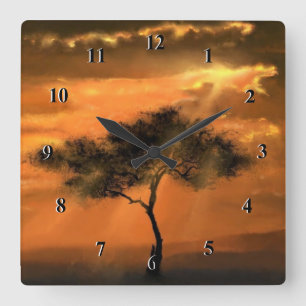 Horloge Carrée Solitaire Tree Sunbeams - Collection d'oeuvres d'a