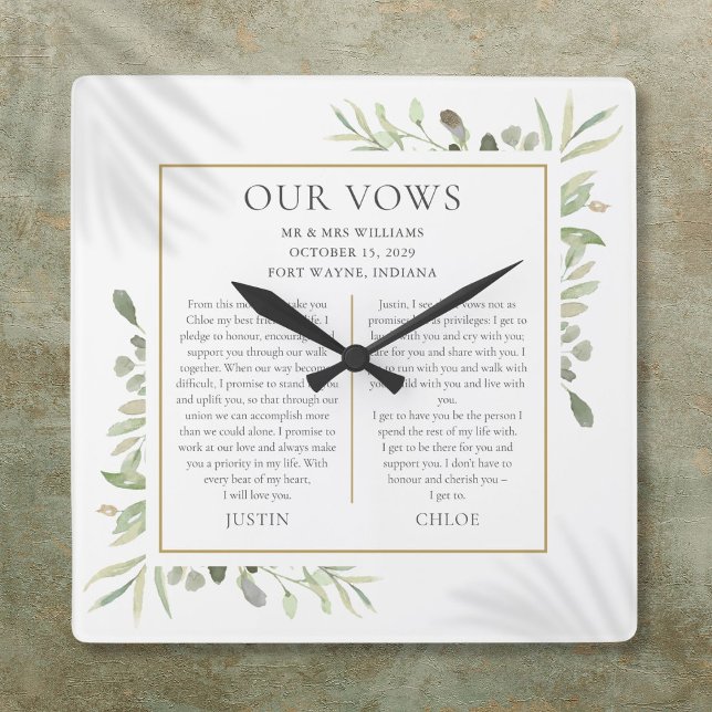 Horloge Carrée Son Et Son Mariage Vangent Le Lieux Verdoyant (His And Hers Wedding Vows Greenery Foliage Square Wall Clock)