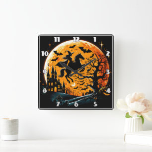 Horloge Carrée Sorcière à cheval contre une lune d'Halloween
