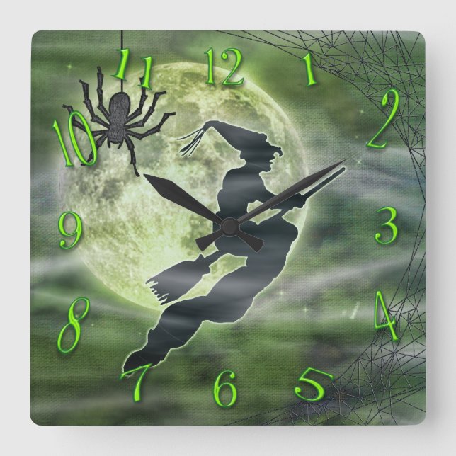 Horloge Carrée Sorcière d'Halloween et Carré d'araignée vert (Recto)