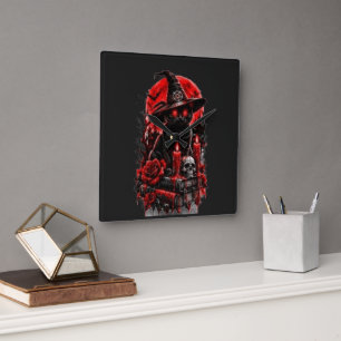Horloge Carrée Sorcière gothique chat noir Halloween crâne bougie