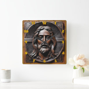 Horloge Carrée Soulagement artistique de Jésus dans les tons Brow