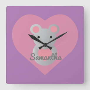 Horloge Carrée Souris mignonne tenant un coeur.