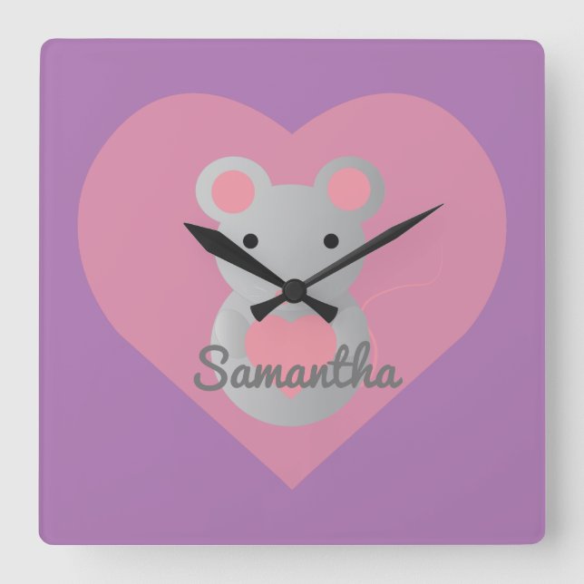 Horloge Carrée Souris mignonne tenant un coeur. (Recto)