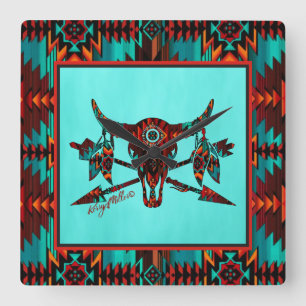 Horloge Carrée Southwest Buffalo Skull & Arrows Square Wall Clock