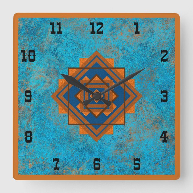 Horloge Carrée Southwest Mountain Peaks Turquoise Western Style S (Recto)