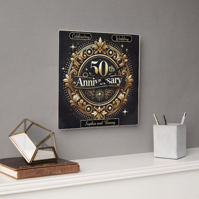 Horloge Carrée Souvenirs d'or : 50 ans ensemble (Bureau)