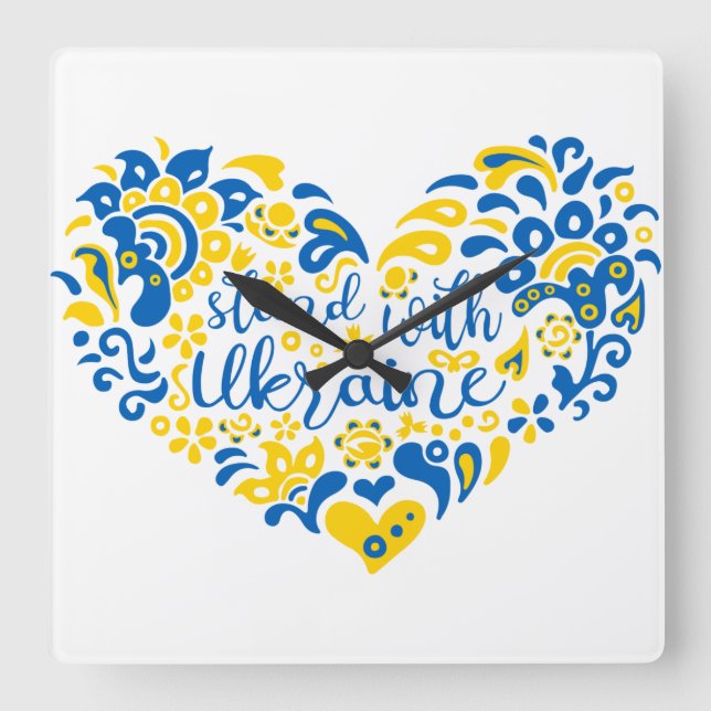 Horloge Carrée Soyez avec l'Ukraine lettrage et coeur (Recto)