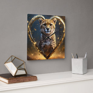 Horloge Carrée Sparkly Gold Cheetah Love,