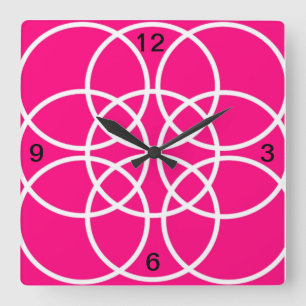 Horloge Carrée Spirales blanches sur rose vif