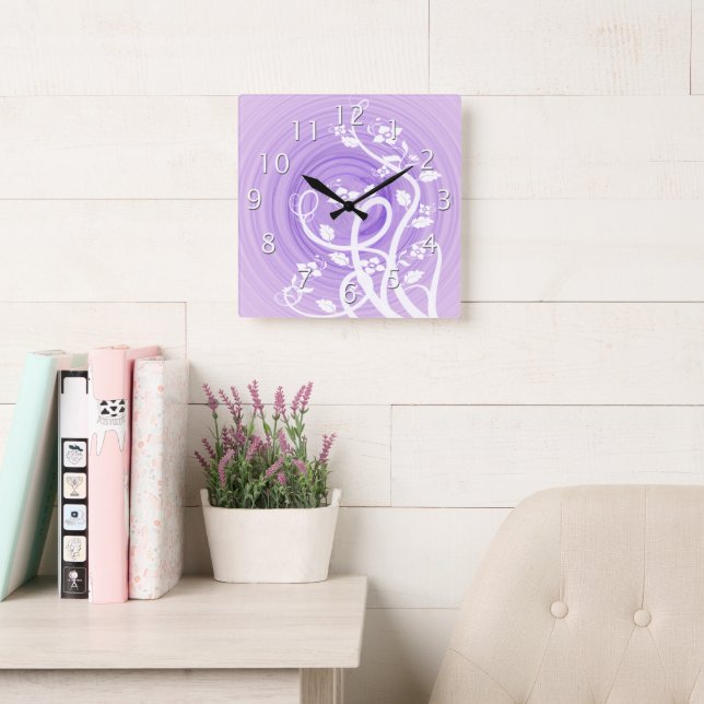 Horloge Carrée Spirales Pastel Violet, Filigree & Fleurs (Salle de lecture)