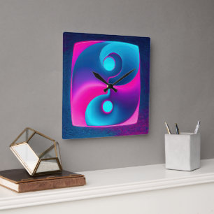 Horloge Carrée Spiritualité radiante : Yin Yang Vibrant rose et b