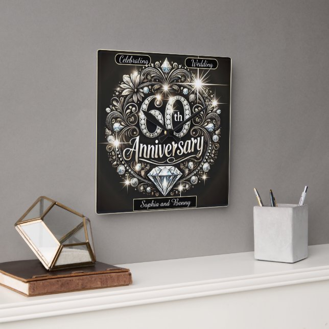 Horloge Carrée Splendeur de diamant : création pour le 60e annive (Bureau)
