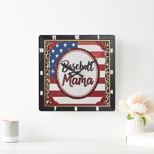 Horloge Carrée Sports patriotiques de baseball Mama (Maison)