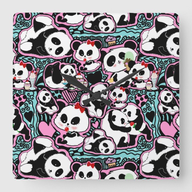 Horloge Carrée Spot The Panda ! Doodles de Panda (Recto)
