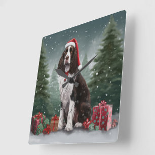 Horloge Carrée Springer Spaniel chien dans la neige Noël