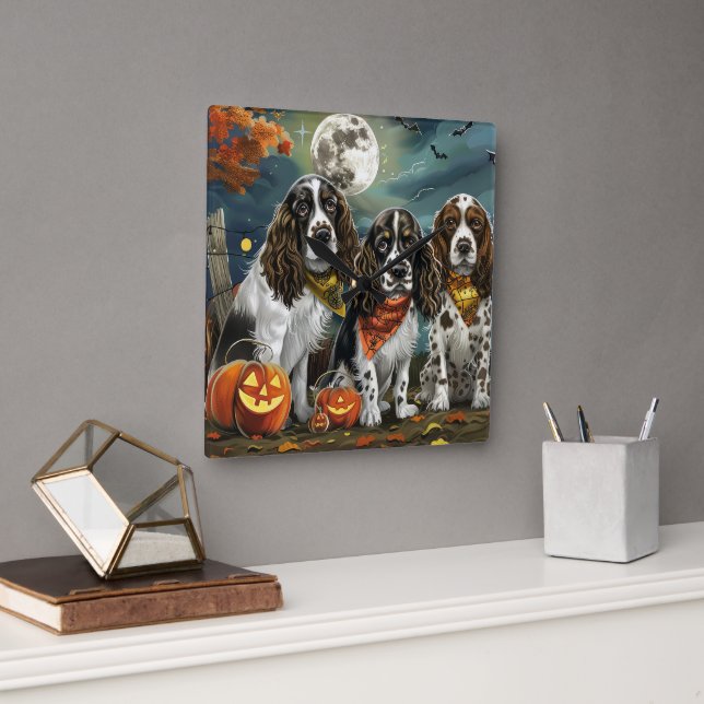 Horloge Carrée Springer Spaniel Halloween Éffrayant (Bureau)