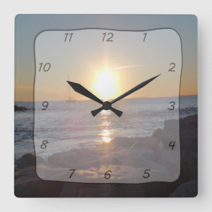 Horloge Carrée Square Clock with Ocean Sunset & Sailboat Photo