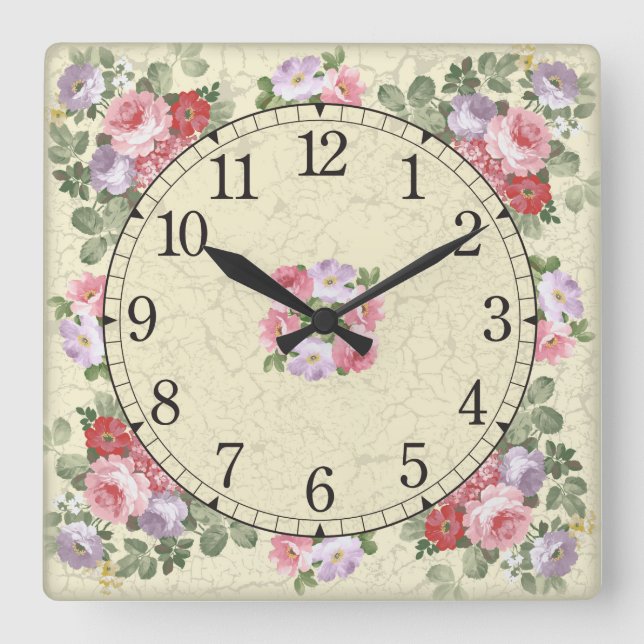 Horloge Carrée Square wall clock - floral design (Recto)
