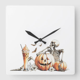 Horloge Carrée Squelette avec citrouille et boire. Halloween.