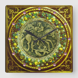 HORLOGE CARRÉE ST.GEORGE, DRAGON MÉDAILLON BRONZE COURONNE FLEURI