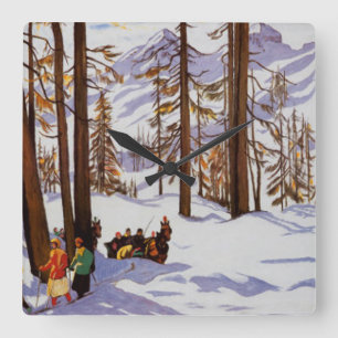Horloge Carrée St. Moritz Vintage Skiers Élégance Alpine Art