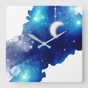 Horloge Carrée Star Lune nuit ciel galaxie céleste bleu blanc