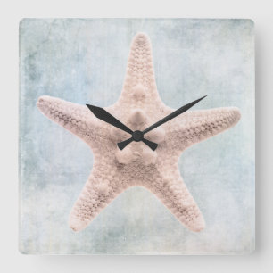 Horloge Carrée Starfish distressed Coastal Blue Cream Watercolor