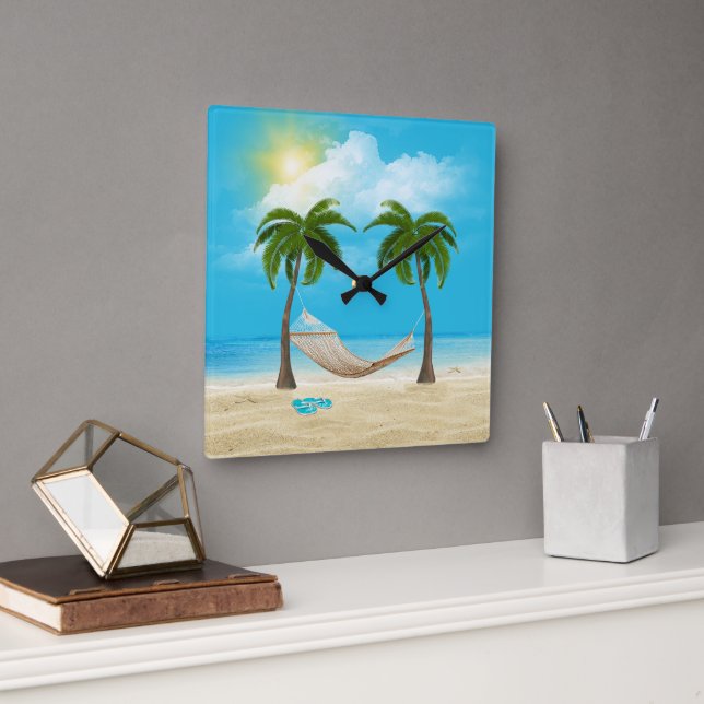 Horloge Carrée Starfish et Hammock sur Tropical Beach (Bureau)