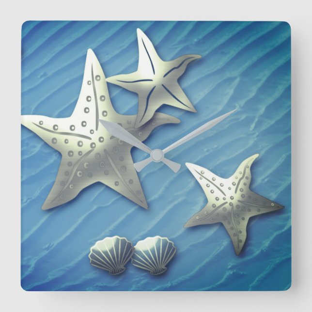 HORLOGE CARRÉE STARFISH ON THE SEA, FAUX RELIEF LARGE CLOCK (Recto)