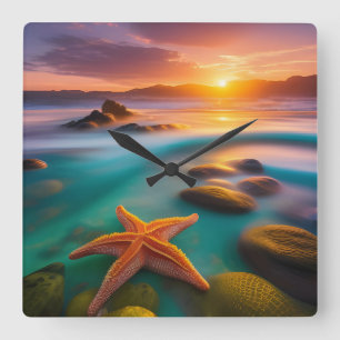 Horloge Carrée Starfish sur la plage à Dawn