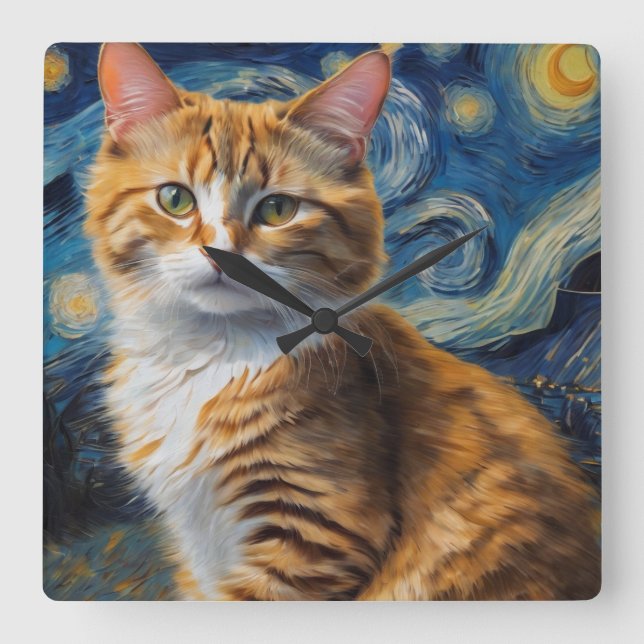 Horloge Carrée Starry Night Art with a Cat (Recto)