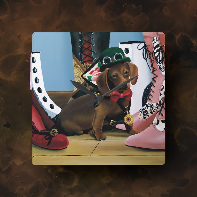 Horloge Carrée Steampunk Dachshund Chaussures Bottes victoriennes (Créateur téléchargé)