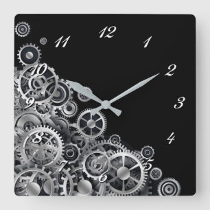Horloge Carrée Steampunk Silver Gears Square Wall Clock