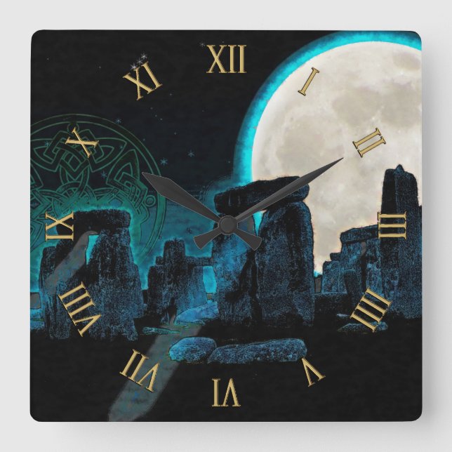 Horloge Carrée Stonehenge Celtic Standing Stones & Moon (Recto)