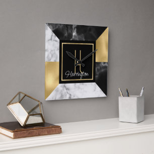 Horloge Carrée Style Art Déco Marbre et or Monogramme