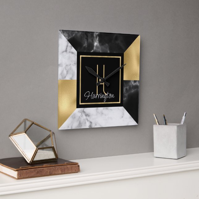 Horloge Carrée Style Art Déco Marbre et or Monogramme (Bureau)