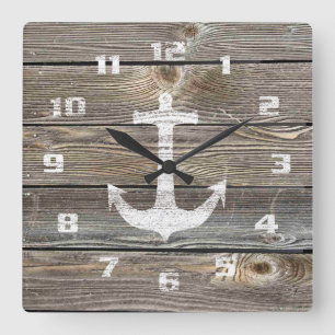 Horloge Carrée Style authentique Bois Rustique Ancre nautique