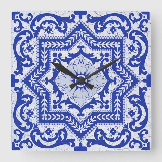 Horloge Carrée Style azulejo en céramique craquée bleue Azulejo V (Recto)
