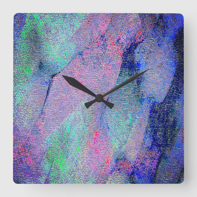 Horloge Carrée Style cuir ciré avec peinture usée, tons bleus (Recto)