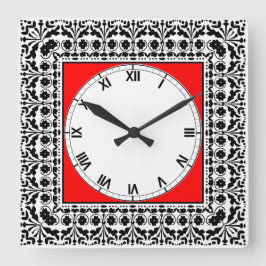 Horloge Carrée Style d'art populaire Cuisine de campagne noir rou