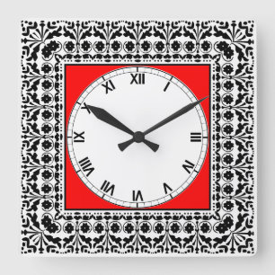 Horloge Carrée Style d'art populaire Cuisine de campagne noir rou