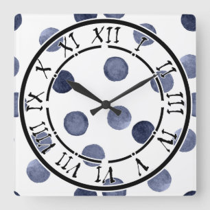 Horloge Carrée Style élégant, aquarelle pois, bleu et blanc